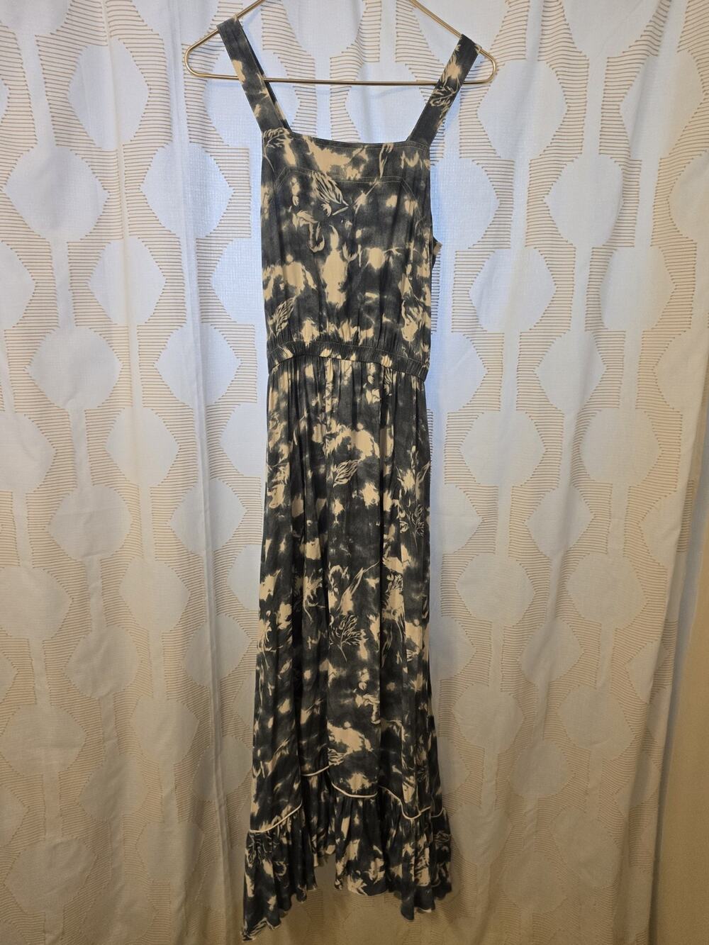Splendid Maxi Dress, Printed Blue & White, Ruffle Hem, Sz S hippie, cottage core